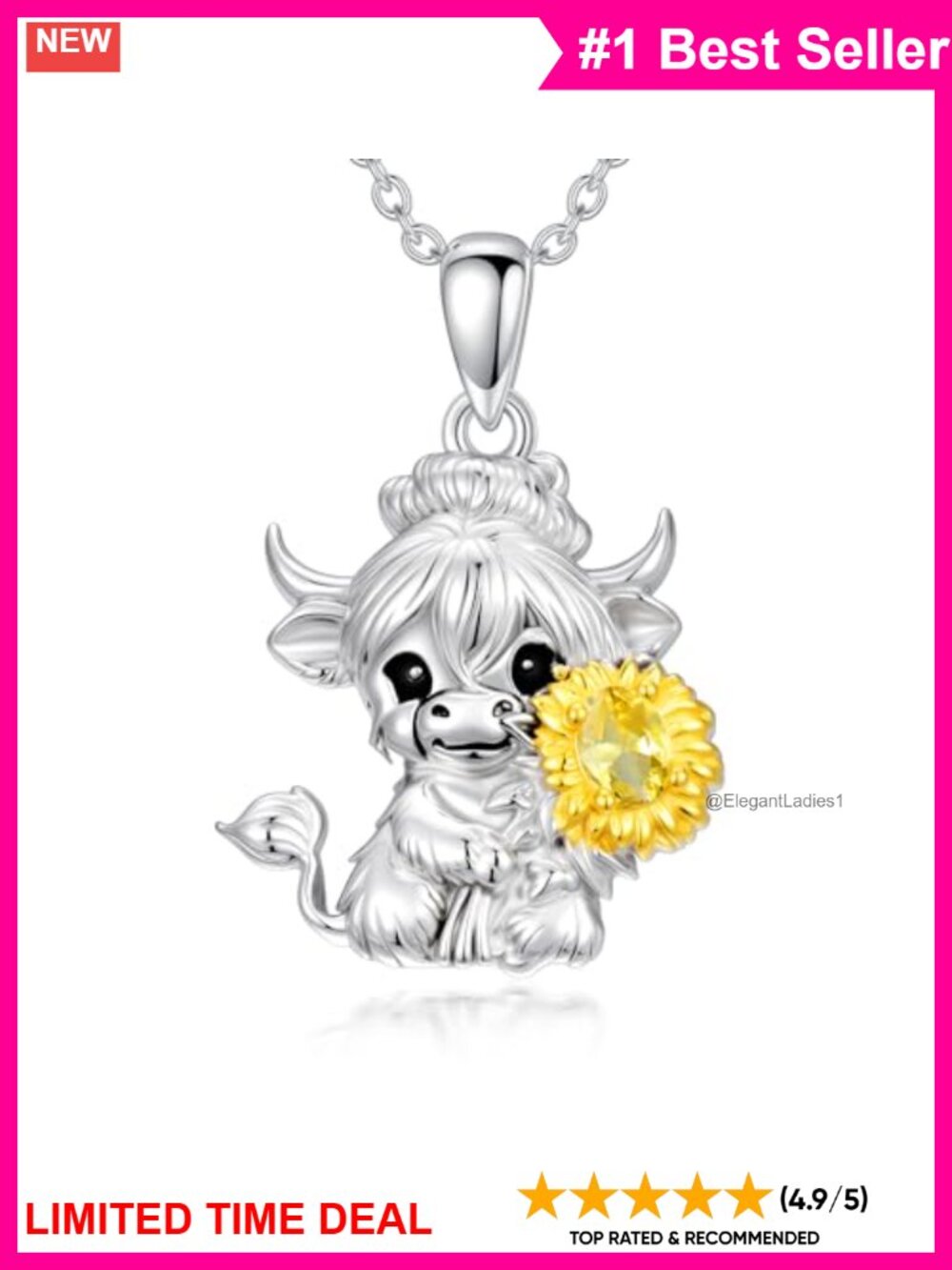 Sterling Silver Highland Cow Sunflower Pendant Necklace Adjustable Chain Gift